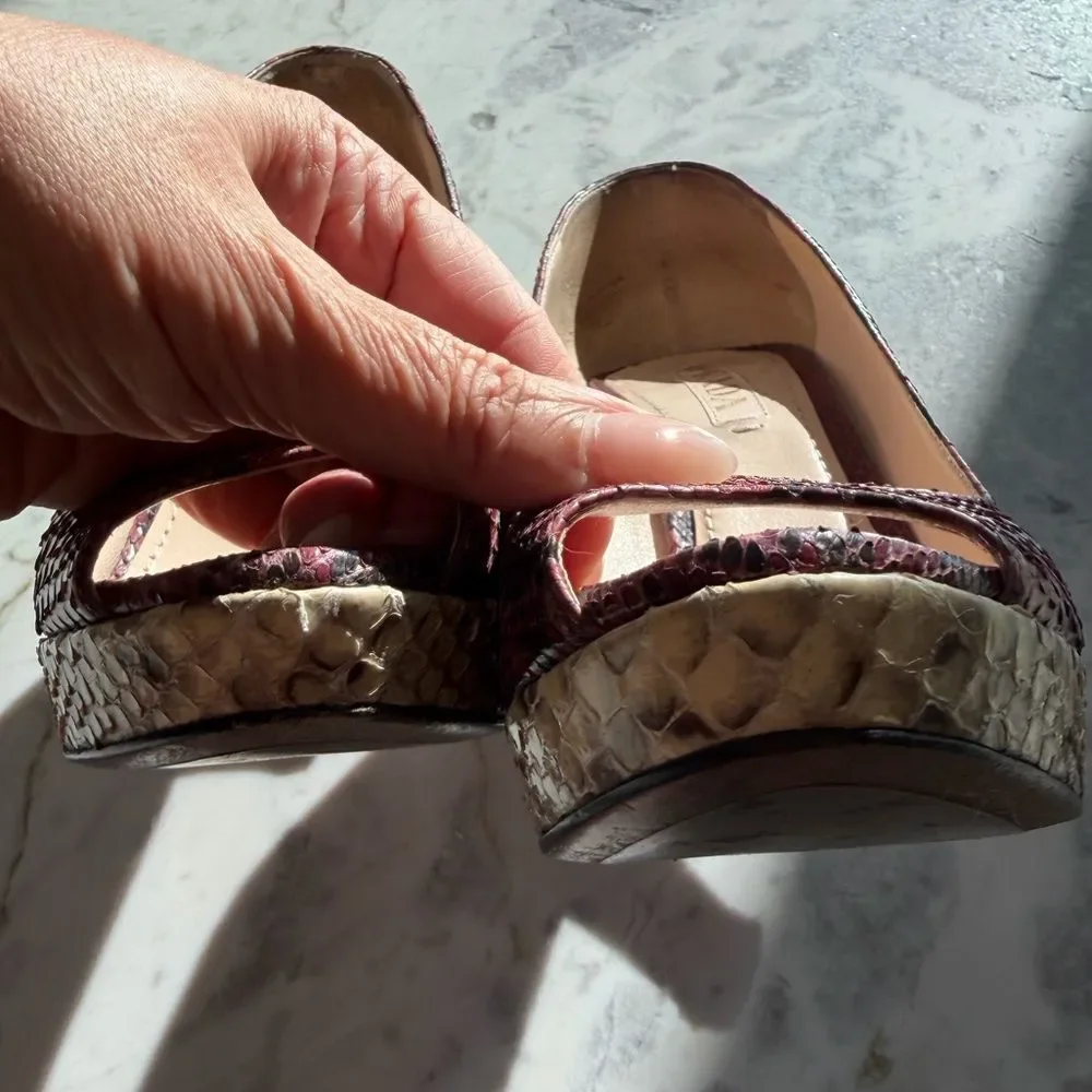 Prada Women's Burgundy and Beige Snakeskin Peep Toe Heels